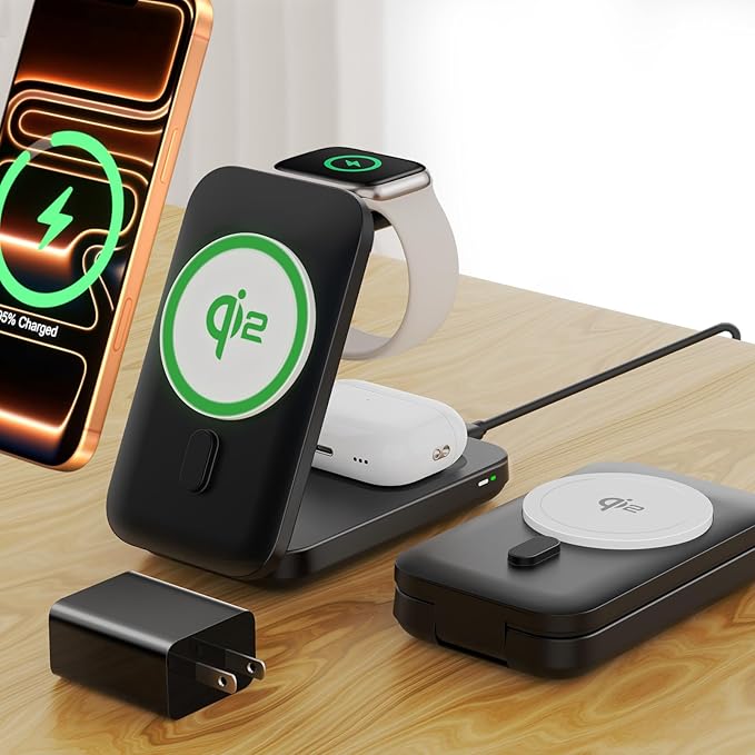 Qi2 [Certified] 3 in 1 Charging Station Compatible with Apple MagSafeMagnetic 15W Foldable Fast Wireless Charging Stand for iPhone 17/16/15/14/13/12 iWatch 11 Air-Pods Charger(with 30W PD Adapter)