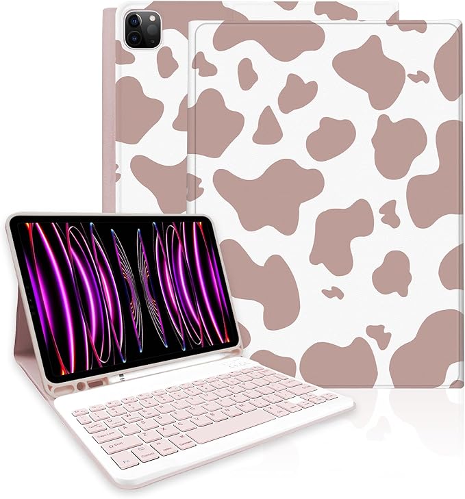 TopPerfekt for iPad Pro 11 4th/3rd/2nd/1st Gen (2022/2021/2020/2018) Keyboard Case Magnetically Absorbent Auto Sleep/Wake Support 2nd Gen Pencil Wireless Charge with Pencil Holder - Brown Cow