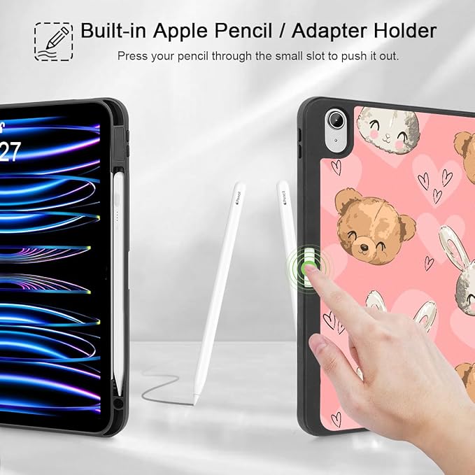 Mektron Case for iPad Air 11 inch (M4 2026 8th /M3 2025 7th /M2 2024 6th) Compatible with iPad Air 10.9 (2022 5th Gen /2020 4th Gen) Tablet Cover Buit in Pencil Holder Cute Bunny Bear