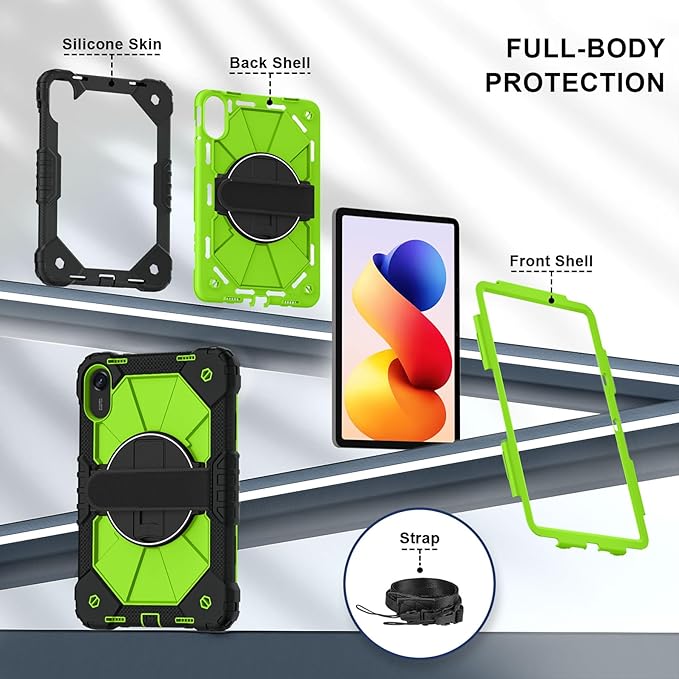 Case for Xiaomi Redmi Pad 2 Pro 12.1 inch (2025) TabletHeavy Duty Cover Rugged Shockproof Protective Case w/Kickstand Cover for Redmi Pad 2 Pro 12.1 inch (Black/Green+2 Glass)