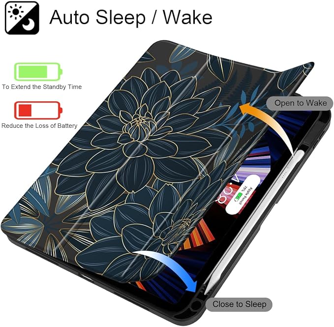 Tuiklol Case for iPad 11 inch (A16 Chip) 2025 Generation 11th / iPad 10.9 inch 2022 10th Gen Buit in Pencil Holder with Shockproof Cover Clear Transparent Back Shell Auto Wake/Sleep Black Flower