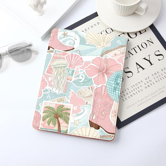 JOYLAND Beach Floral Case for iPad 10th Generation 10.9 inch/iPad (A16) 11th Generation 11 Inch 2025 with Pencil HolderTrifold Stand Protective Cover with Soft TPU BackPink
