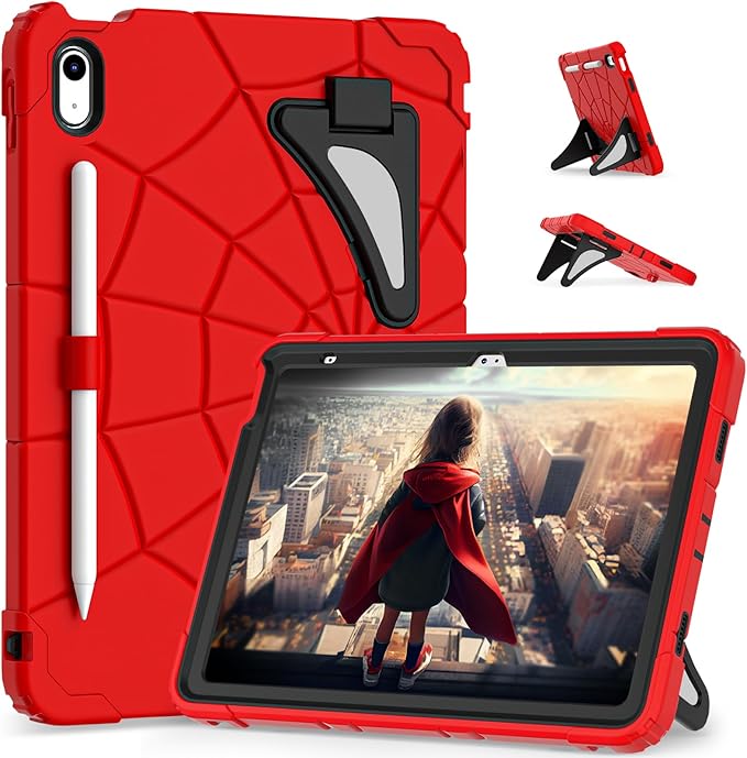 Kids Case for iPad 10th/11th Gen (10.9/11 Inch 2022/2025 A16) – Shockproof 360° Full-Body Protection Cover with Screen Protector Stand &amp Pencil Holder – Boys’ Anti-Drop Design-RED Black