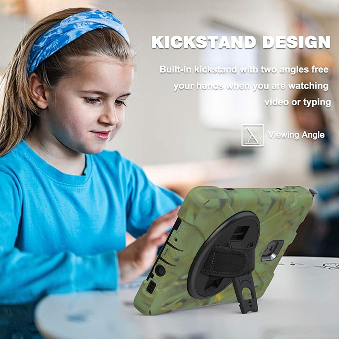 Case for Samsung Galaxy Tab Active 3 8 T570 T575 T577 Heavy Duty Shockproof Rugged 3 Layer Kids Durable Case with 360 Swivel Kickstand Shoulder Strap &amp Hand Strap (Camouflage)