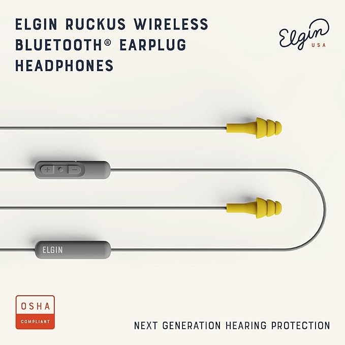 Elgin Ruckus Wireless Bluetooth Earplug Headphones 25 dB NRR Noise Canceling Mic 12-Hour Battery IP65 Sweatproof Compliant with OSHA Hearing Safety Standards