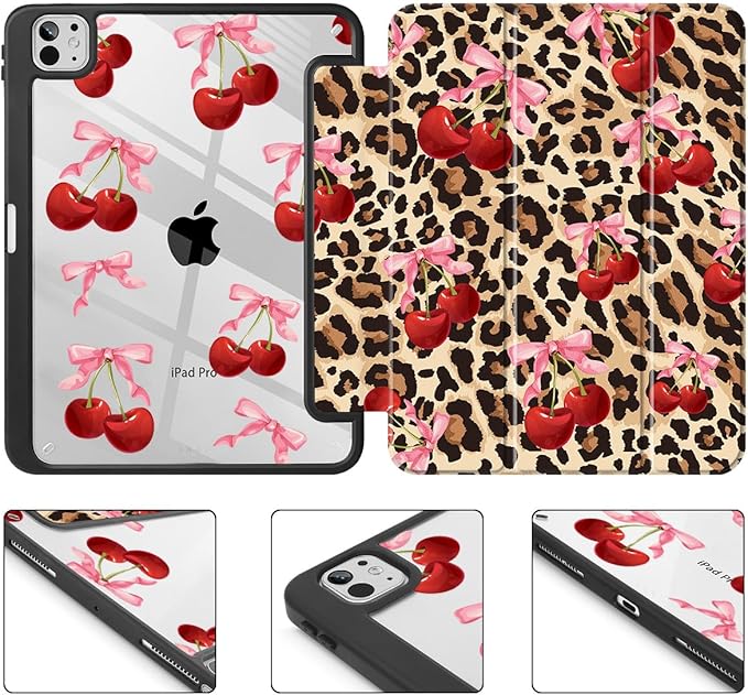 May Chen Case for iPad Pro 11-Inch M5/M4 2025/2024 (6th/5th Generation) [Penceil Holder] Trifold Stand Auto Wake/Sleep Clear TPU Protection Back Cover Cherry &amp Cheetah