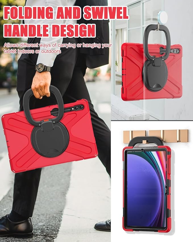 BRAECN Case for Samsung Galaxy Tab S10+/S9 FE+/S9+ 12.4” 2024 SM-X820/X610/X810 Shockproof Silicone Case with Screen Protector/S Pen Holder/Shoulder Strap/Kickstand for Galaxy Tab S8+/S7 FE/S7+Red