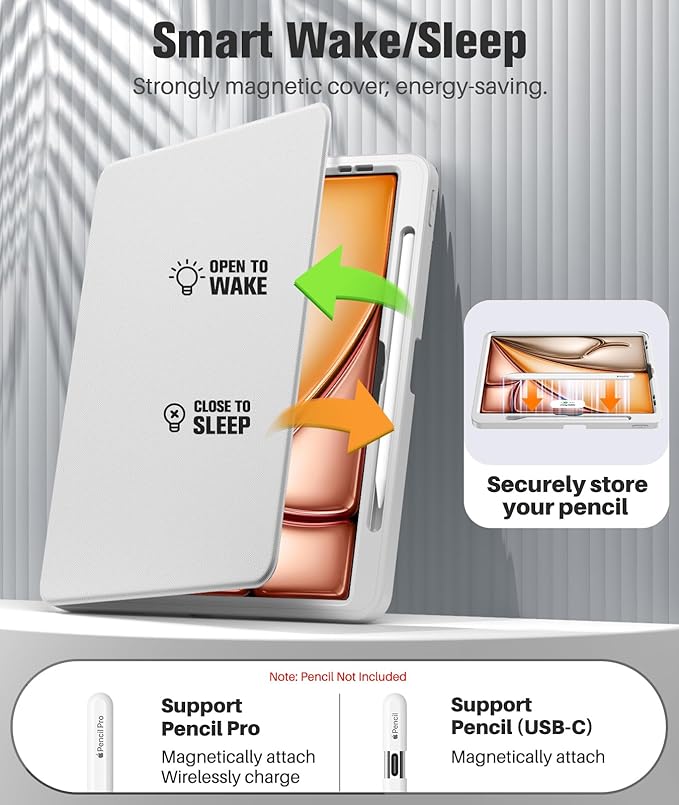 MoKo for iPad Air 13-Inch Case (M4/M3/M2) 2026/2025/2024 with Pencil Holder Heavy Duty 13 Inch iPad Air Case with Screen Protector Clear Back Lens Protector Multi-Angle Magnetic Stand Light Gray