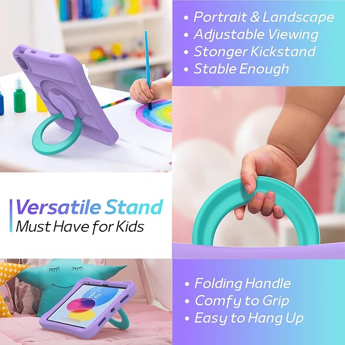 MRWHO Kids Case for iPad (A16) 11th Generation 11 inch 2025/ 10th Generation 10.9 inch 2022 - Sturdy Lightweight Flexible Shockproof Rotating Stand Handle Girls Boys Cover for iPad 11 10 Gen Purple