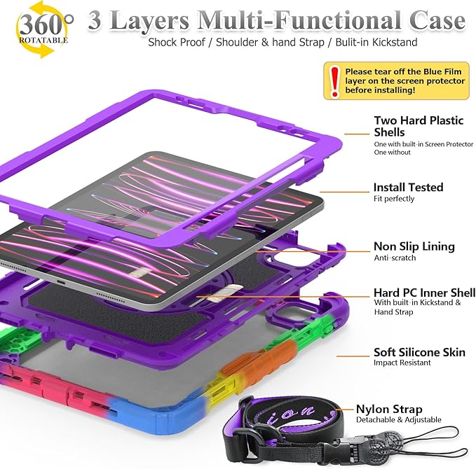 SEYMAC stock Case for iPad Mini 7 (A17 Pro)2024/ Mini 6 8.3'' with Screen Protector Pencil Holder [360 Rotating Hand Strap] &ampStand Drop-Proof Case for iPad Mini 7th/6th Generation 8.3Purple+Colo