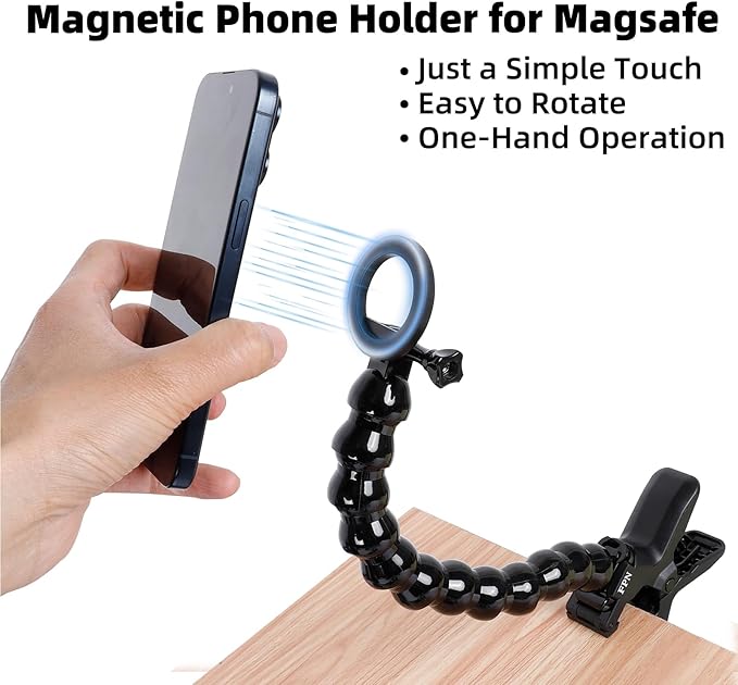 Magnetic Phone Holder Gooseneck Mount for Magsafe Cell Phone Clamp Clip for Guitar Bass Desk Pole Magnet Phone Stand for Recording/Live Broadcast Compatible with iPhone 16 15 14 13 12 Series