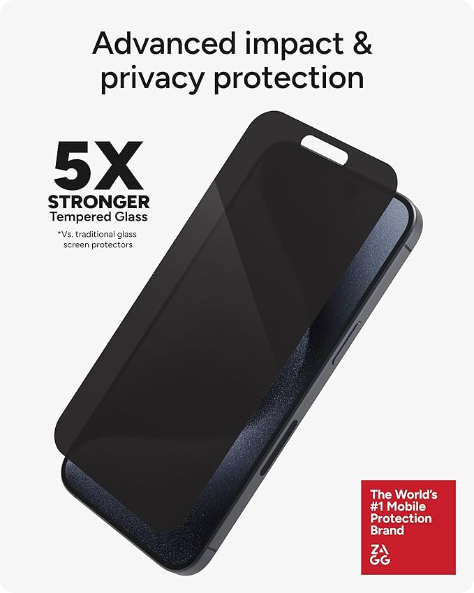 ZAGG InvisibleShield Glass Elite Privacy 360 iPhone 15 Pro Max Screen Protector - 5X Stronger with Reinforced Edges 4-Way Privacy Filter Scratch &amp Smudge-Resistant Surface Easy to Install