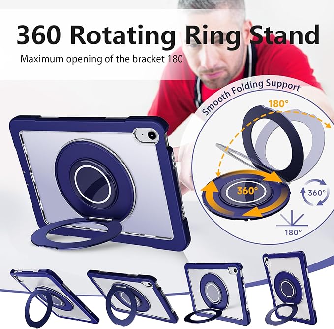 Case for iPad (A16) 11th /10th Generation 11 Inch 2025/10.9 inch 2022with Screen Protector360 Rotating Metal StandClear BackHeavy Duty Shockproof for Kids Case Navy Blue