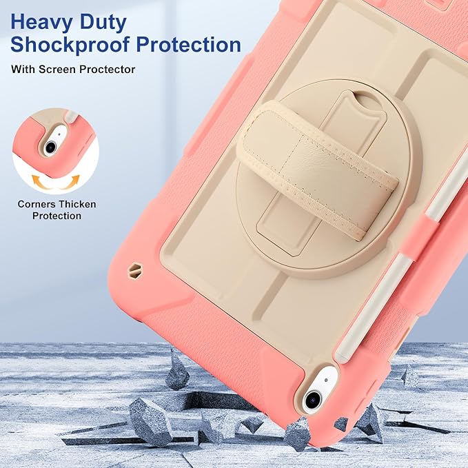 for iPad (A16) 11th Generation case11''(2025)/10th Generation case 10.9'' (2022)360°Rotatable Stand with [Screen Protector&ampPencil Holder&ampShoulder Strap] Shockproof Case (Pink+Beige)