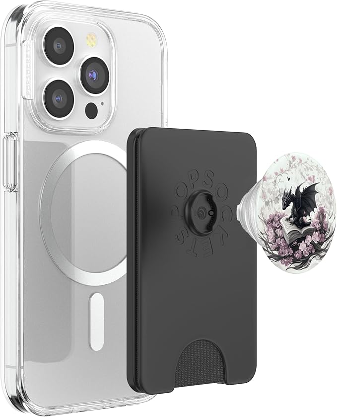Ethereal Dragon on Book with Pink Flowers Dark Fantasy Art PopSockets PopWallet for MagSafe