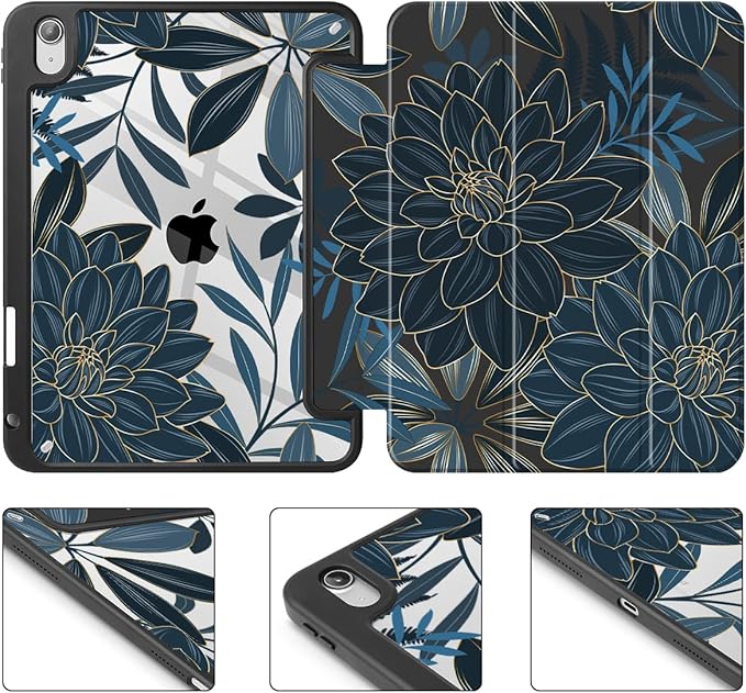 Tuiklol Case for iPad 11 inch (A16 Chip) 2025 Generation 11th / iPad 10.9 inch 2022 10th Gen Buit in Pencil Holder with Shockproof Cover Clear Transparent Back Shell Auto Wake/Sleep Black Flower