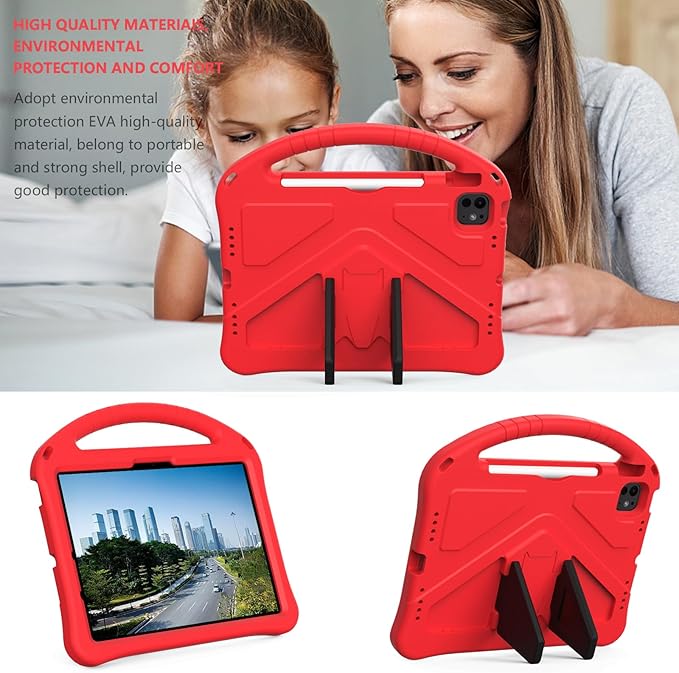 Kids Case for iPad Pro 11-inch (M5) 2025/(M4) 2024 Air 11 2026 M4/M3/M2 Case with Pencil Holder Techcircle Lightweight Shockproof EVA Foam Handle Stand Anti-Slip Grip Rugged Cover Red