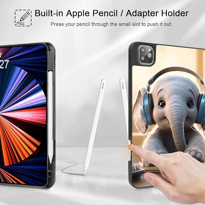 Tuiklol Case for iPad Pro 12.9 inch M2 Generation 6th / 5th / 4th / 3rd 2022 2021 2020 2018 Release - Built in Pencil Holder Slim Protective Cover with Auto Wake/Sleep Elephant