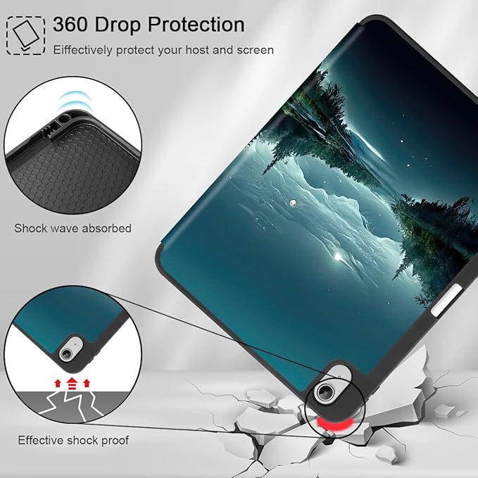 Tuiklol Case for iPad 10.2 Inch 2021 2020 2018 Release 9th / 8th / 7th Generation Built-in Pencil Holder TPU Protective Stand Back Cover Trifold Stand-Auto Wake/Sleep Night Forest