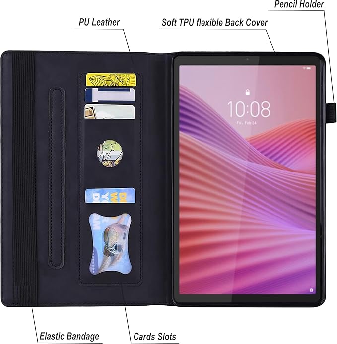 Shockproof Case for Lenovo Tab One 8.7 inch 2025 Model - Retro PU Leather + TPU Hybrid Protective Cover with Anti-Slip Grip Strap &amp Card Slots -Black