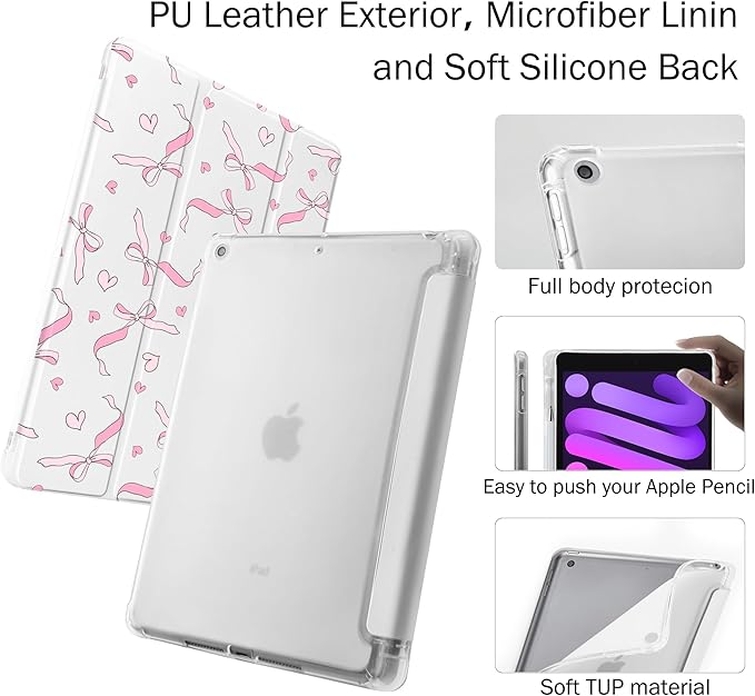 Idocolors Case for iPad 11 inch (A16 Chip) 2025 Generation 11th / iPad 10.9 inch 2022 10th Gen Built-in Pencil Holder with Soft TPU Shockproof Back Shell Auto Wake/Sleep Pink Bow-White