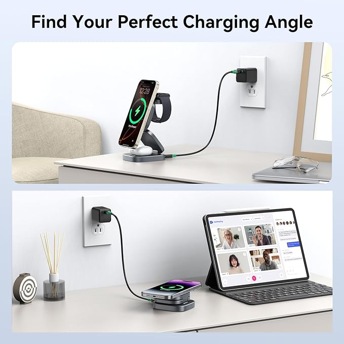Wireless Charging Station for Multiple Devices 3 in 1 Travel Charger Dock Foldable Magnetic Stand Compatible with MagSafe Qi2 iPhone 17 16 15 14 13 12 Air Apple Watch Series &amp Air pods 4 3 2 P