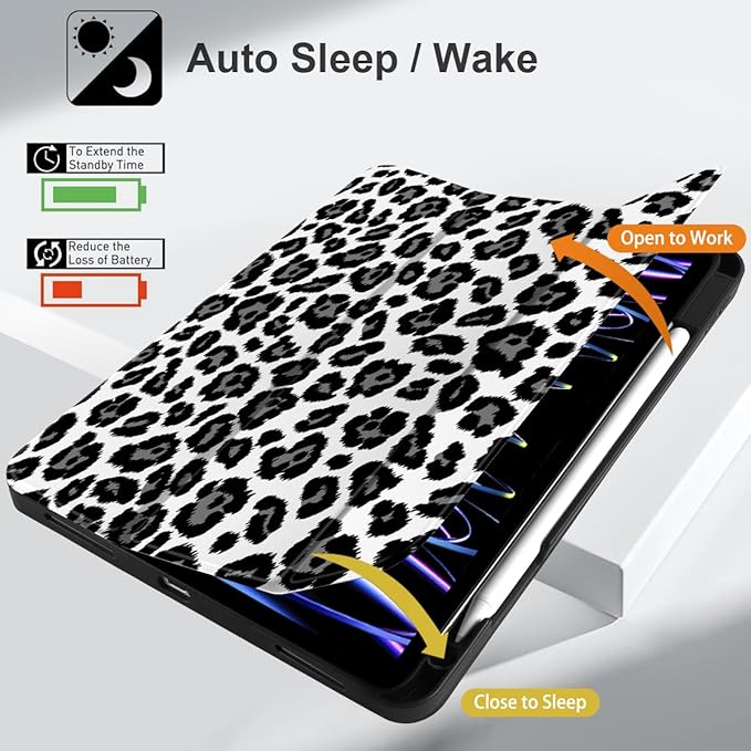 MEEgoodo for iPad Pro 12.9 Case M2 6th/5th/4th/3rd Generation 2022 2021 2020 2018 with Pencil Holder Tablet Cover with Soft TPU Back Shell Snow Leopard Texture