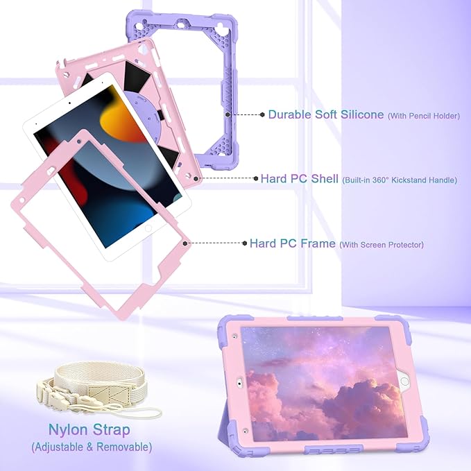 Case for iPad 9th/8th/7th Generation 10.2 Inch iPad Case 9th Generation with Screen Protector/Rotate Stand/Pen HolderMilitary Grade Shockproof i Pad 9th/8th/7th Gen CasesPurple Rose