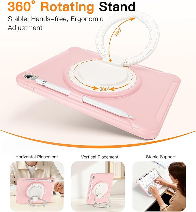 BATYUE Shockproof Case for iPad 10th Gen 10.9 2022 / 11th Gen (A16) 11 2025 | 360° Multi-Angle Stand (Portrait &amp Landscape) &amp Grip Built-in Screen Protector Pencil Holder Pink