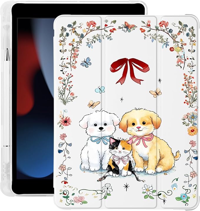 Cute Kawaii Kitten Puppy for iPad Air 11 Inch Case 7th/6th Generation (M3/M2) 2025/2024 with Pencil Holder Auto Sleep/Wake White Leather Soft TPU Back Cover