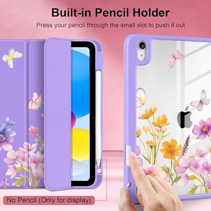 Case for iPad (A16) 11th Generation 11 inch 2025 /iPad 10th Gen 10.9 2022- Cute Patterns Violet Cover with Clear Back Shell Auto Wake Sleep Trifold Stand &amp Pencil Holder Watercolor Flower