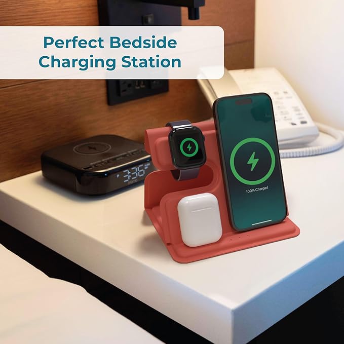 BLACK+DECKER 3 in 1 Charging Station for Apple Multiple Devices Wireless Foldable Travel Charger for Multiple Devices iPhone 17 16 15 14 13 Pro Max Plus Apple Watch Series/AirPods (Coral Rose)