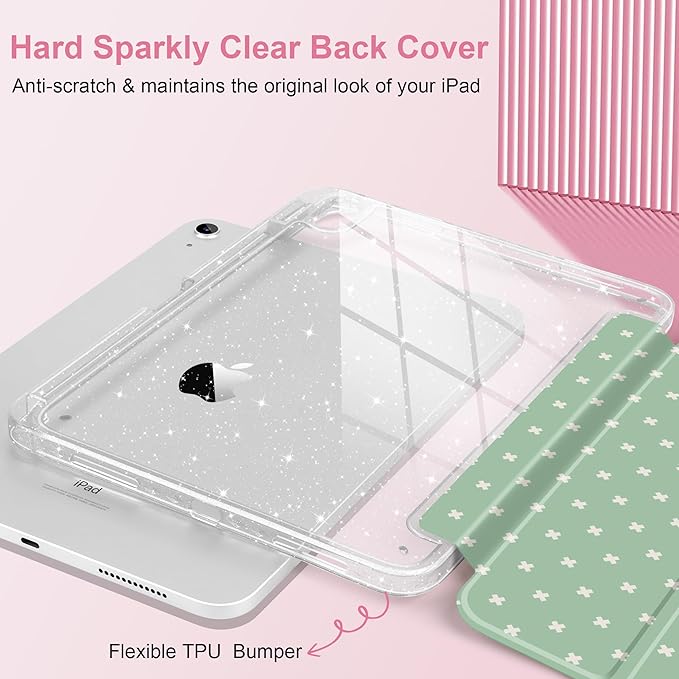 DONGKE for iPad Case 9th/8th/7th Generation 10.2 Inch (2021/2020/2019) Shockproof Glitter Acrylic Back with Trifold Stand Pencil Holder &amp Auto Sleep/Wake - Green Cross Dot
