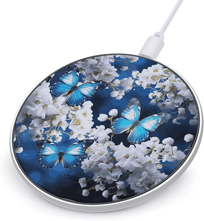 Blue Butterflies White Flowers Wireless Charger Fast Wireless Charging Pad with USB Cable 10W Anti-Slip Magnetic Wireless Charger Portable Slim Charger Puck Travel Charging Station