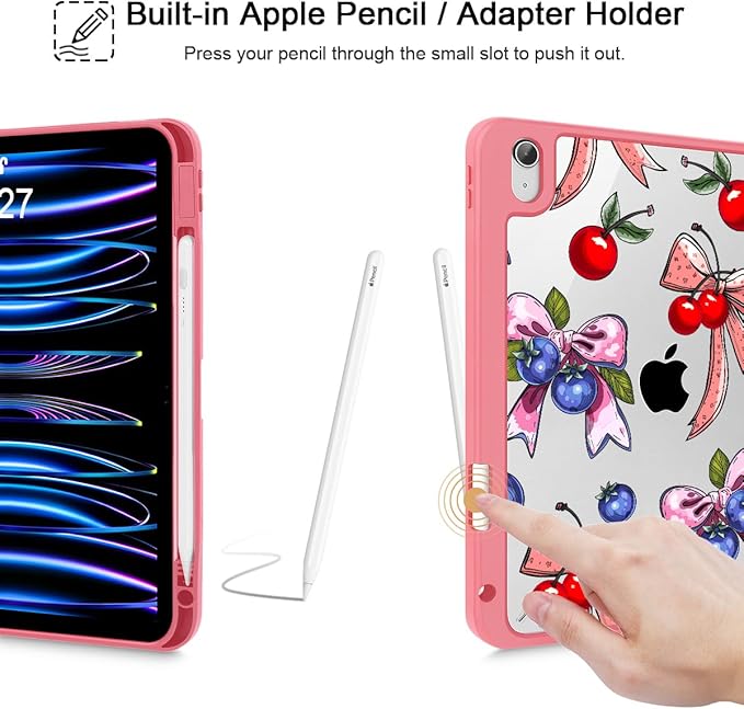 Tuiklol for 2025 iPad (A16 Chip) 11th Generation 11 inch/iPad 10th Generation 10.9 inch 2022 Case Buit in Pencil Holder with Clear Back Shell Cover Trifold Stand Auto Wake/SleepBerries Ribbons