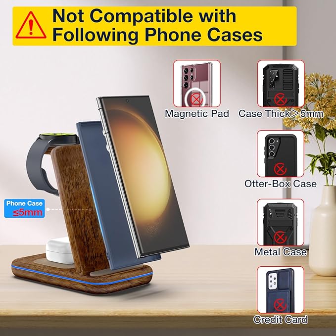 Wireless Charger for Samsung/Android HOLYJOY Foldable 3 in 1 Fast Charging Station/Stand/Multi Charger for Samsung S25 Ultra/S24/Note 20 Travel Pad for Galaxy Watch 8/7/6/5/Active 2 for Buds(Wood)