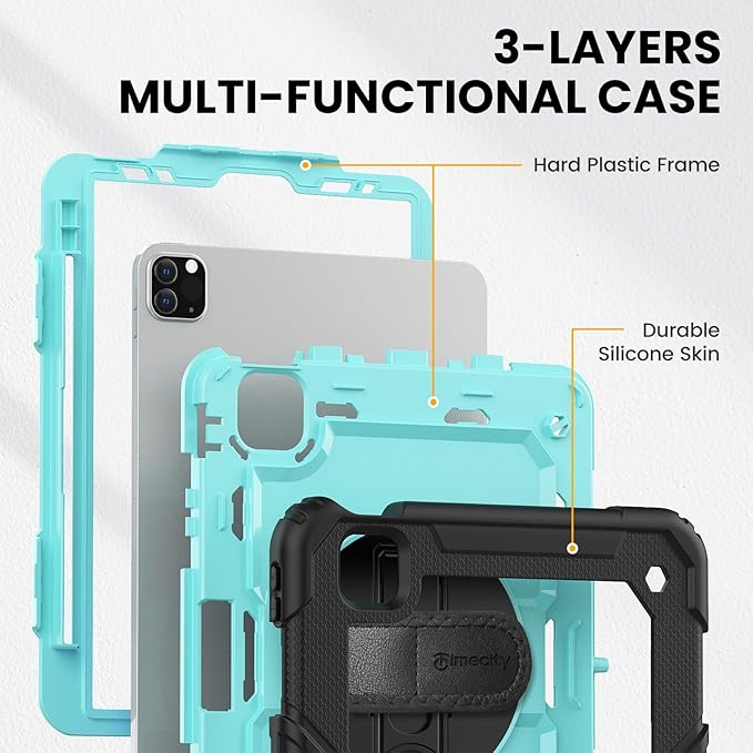 Timecity Case for iPad Pro 11 inch 2022/2021 (4th/ 3rd Generation) Shockproof with Screen Protector Swivel Stand Handle Shoulder Strap Pencil Holder Case for iPad Pro 11 Inch- Light Blue