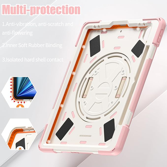 for iPad Air 13-inch M2 (2024) A2898/A2899 for iPad Pro 12.9 Rugged Case Portable Heavy Duty Shock-Proof Armor Cover with Swivel Kickstand/Hand Grip Shoulder Strap Pencil Holder (Pink)