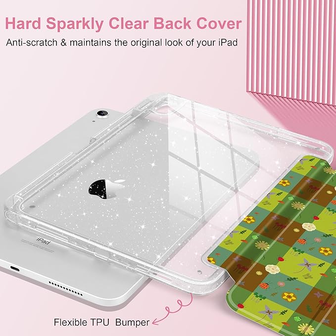MEEgoodo Case for iPad A16 11th Generation 2025/10th Generation 2022 Glitter Tablet Cases with Transparent Acrylic Back+Trifold Stand +Pencil Holder+Auto Wake/SleepGreen Checkered &amp Nature Patte