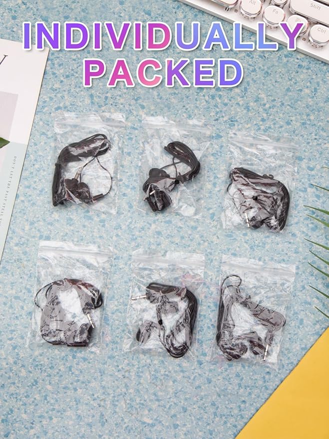 50 Pack Bulk Earbuds Headphones Classroom Set Wired in Ear Student Ear Buds for School Individually Packed (Black)