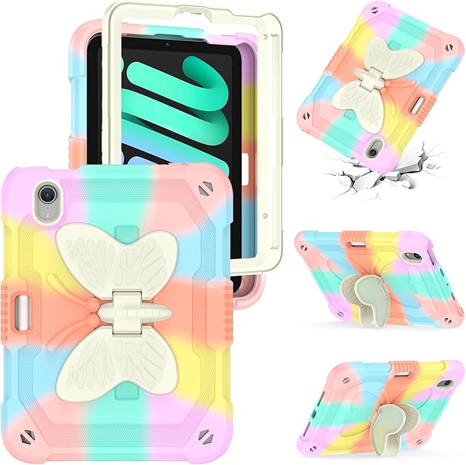 for iPad Mini 7 (A17 Pro) 2024/Mini 6 8.3'' Butterfly Case for Kids Girls Cute Kawaii Girly Butterfly Soft Silicone Cover with Stand Shoulder Strap for iPad Mini 7th/6th Generation 8.3 Pink