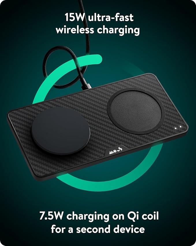 Mous - Dual Charging Station with Qi2 up to 15W Fast Charge - MagSafe Charger Compatible with iPhone 17/16/15/14/13/12 Pixel 10 Series and Airpods - USB-C Cable - Aramid Fibre