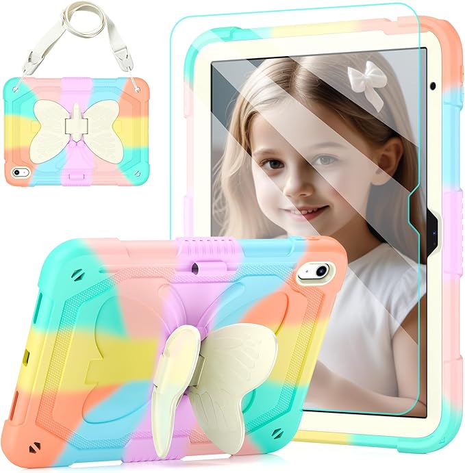 Case for iPad (A16) 11th/10th Generation (2025/2022) 11/10.9 for Kids Girls with 9H Tempered Glass Screen Protector Butterfly Stand Carrying Strap Shockproof - Colorful