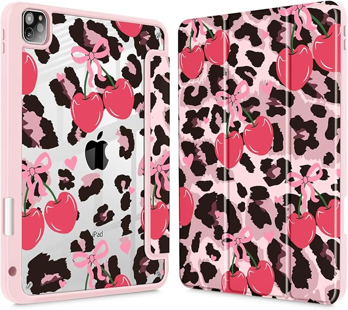 Mektron Case for iPad Pro 11 inch Case M2 2022 Generation 4th Fit 2021 2020 2018 iPad Pro 11 (3rd 2nd &amp 1st Gen) -Buit in Pencil Holder with Shockproof Cover Clear Shell Cherry &amp Cheetah