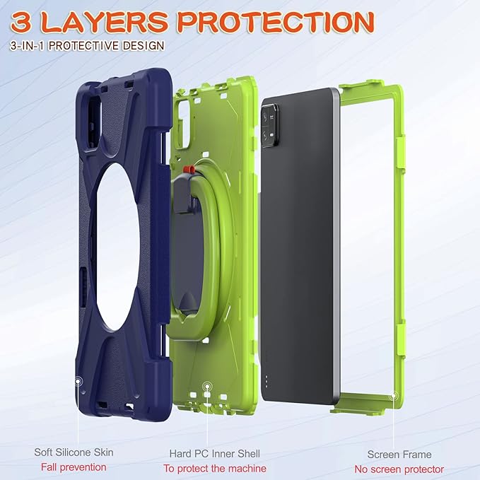 for Xiaomi Mi Pad 6/ Mi Pad 6 Pro 11-inch Tablet Case - Heavy Duty Shockproof Cover 360° Rotating Hand Strap Foldable Stand Anti-Slip Handle Adjustable Shoulder Strap Pen Holder - Navy