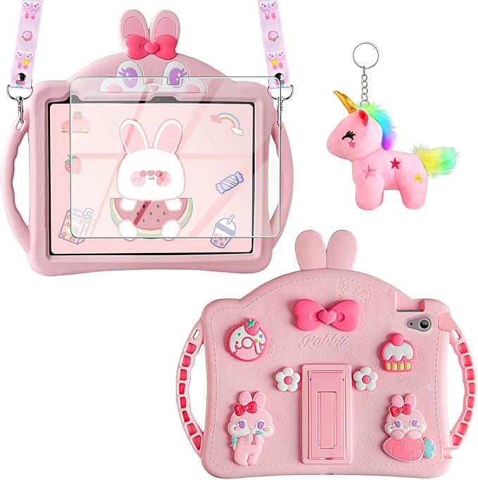 WESADN for iPad 10th Generation Case 10.9 Inch 2022 Kids Girls for iPad A16 Case 11th Gen 11 Inch 2025 with Screen Protector Shoulder Strap Kickstand Keychain Cute Rabbit Silicone Tablet CoverPink