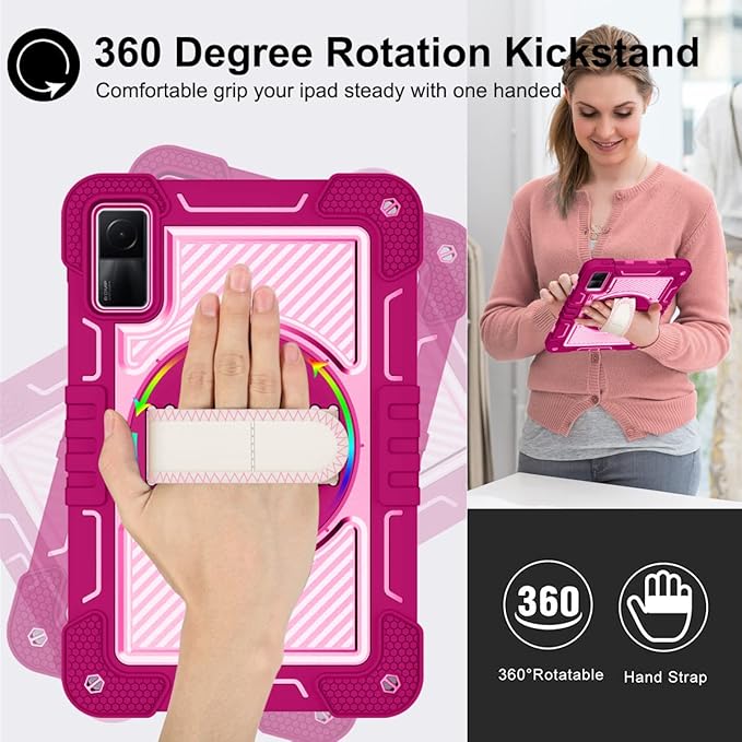 Tablet Case for Xiaomi Redmi Pad 10.61 inches 22081283G Tablet Shockproof Cover with 360° Rotating Stand and Wrist Strap Shoulder Strap Red Rose+Pink