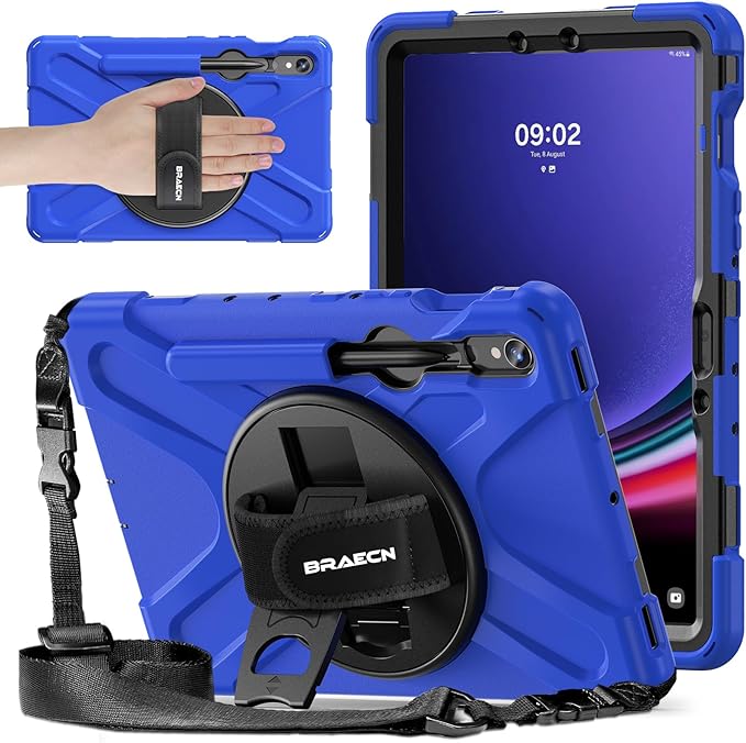 BRAECNstock for Samsung Galaxy Tab S10 Lite/ S10 FE/ S9 FE/ S9/ S8/ S7 5G Case 10.9/ 11 Shockproof Protective Kids Case with Pencil Holder Rotating Hand Strap &amp Stand Shoulder Strap Blue