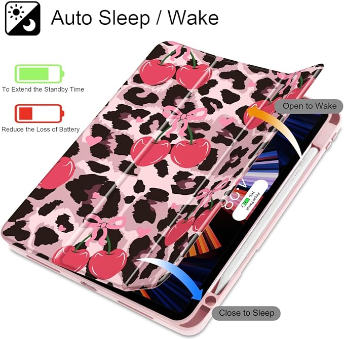 Mektron Case for M5/ M4 iPad Pro 11 inch 2025/2024 with Pencil Holder Compatible Models: A3357/A3358/A3359/A2836/A2837/A3006 Shockproof Cover Clear Shell Cherry &amp Cheetah