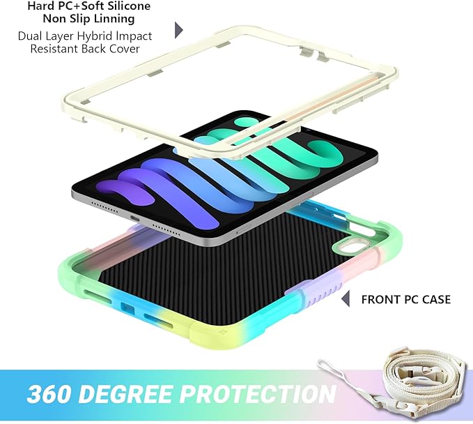 for iPad Mini 7 A17 Pro Case for iPad Mini 7th/6th Generation - Rugged Soft Silicone Cute Cartoon with Shoulder Strap Multi-Angle Stand Kawaii for Women Girls Girly Kids Teens Cover Colorful